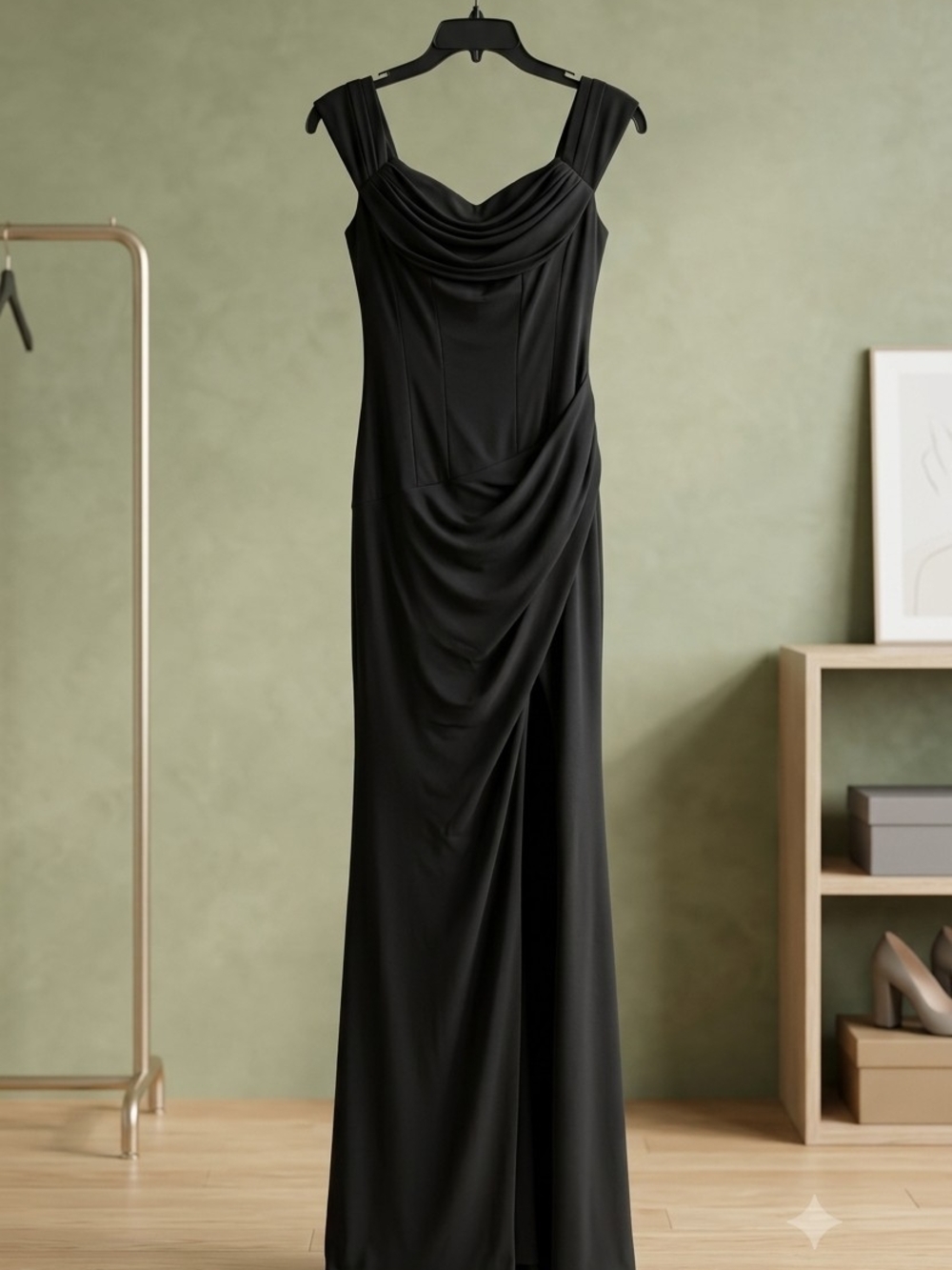 Emerald Sundae Black Draped Maxi Dress